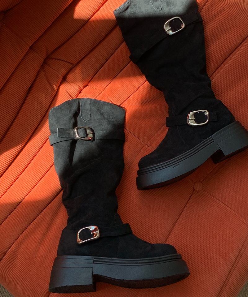 line suede buckle slouch long bootS