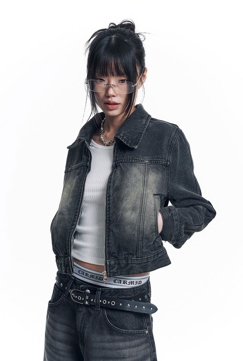 Washed Crop Track Denim Jacket - Black