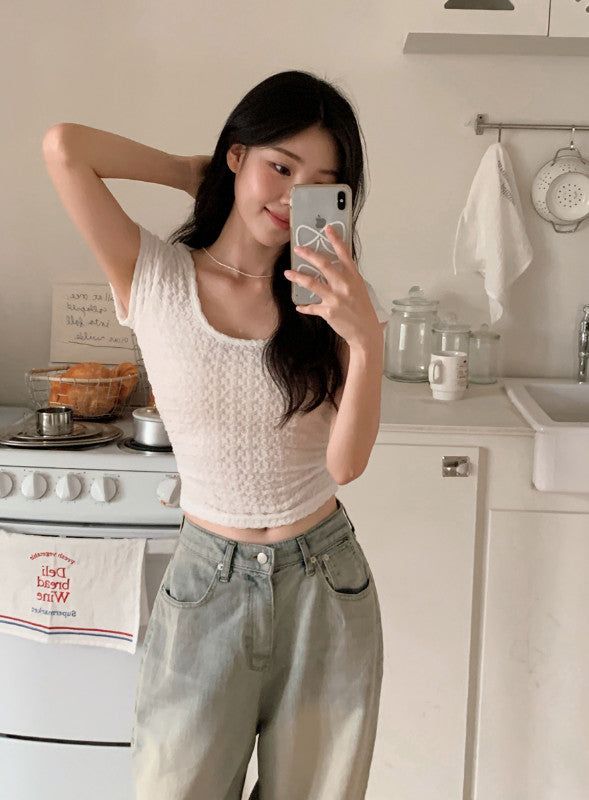 SL Emboss Back Slit Strap Crop Short Sleeve T-shirt (3color)