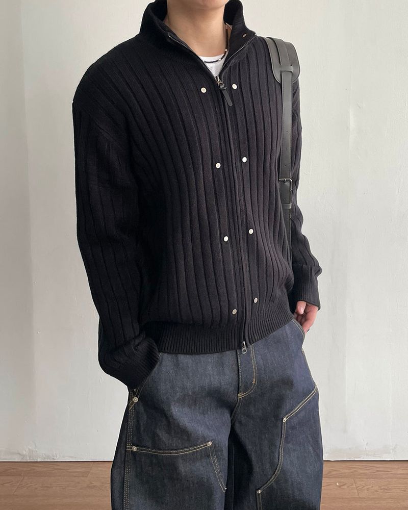 Dot Rivet Ribbed Knit Zip-up