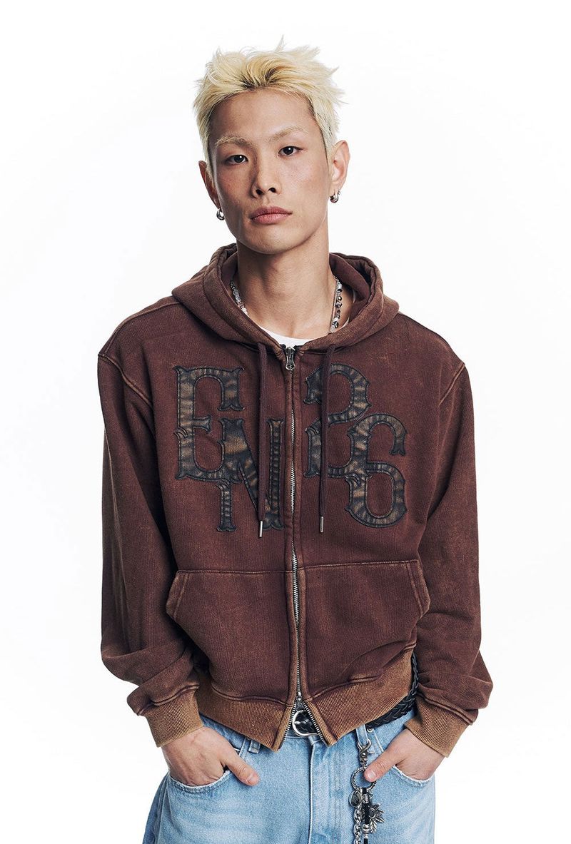 Washed Leather Patch Hooded Zip-Up - Brown