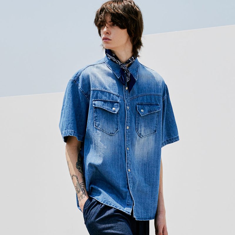 WASHED DENIM WESTERN SHIRT BLUE