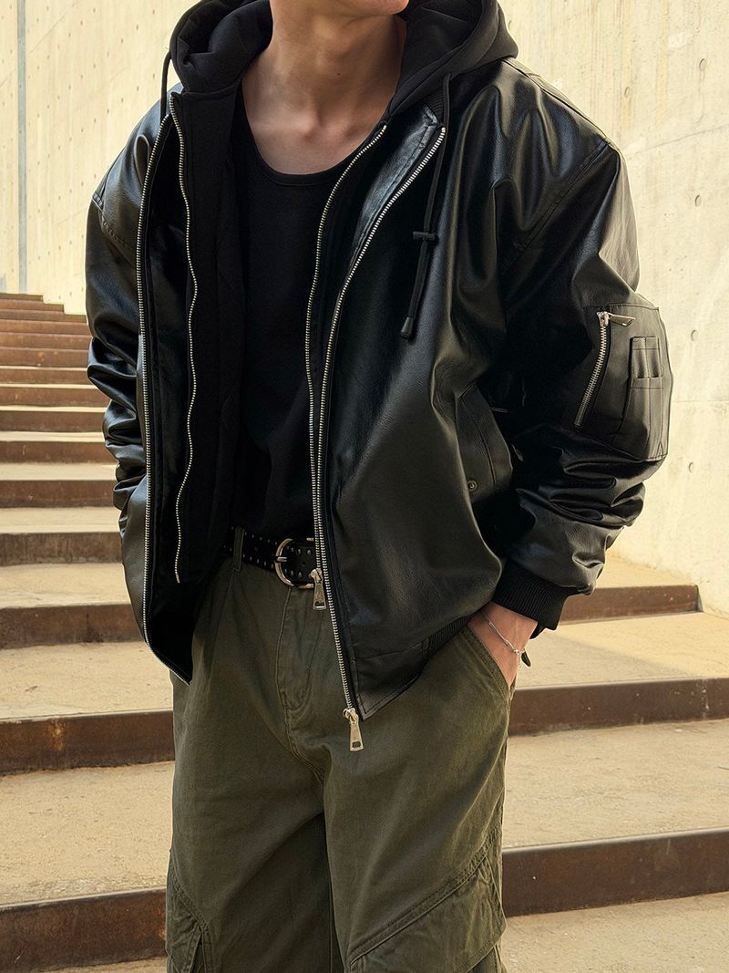 Hood layered leather blouson(3color)