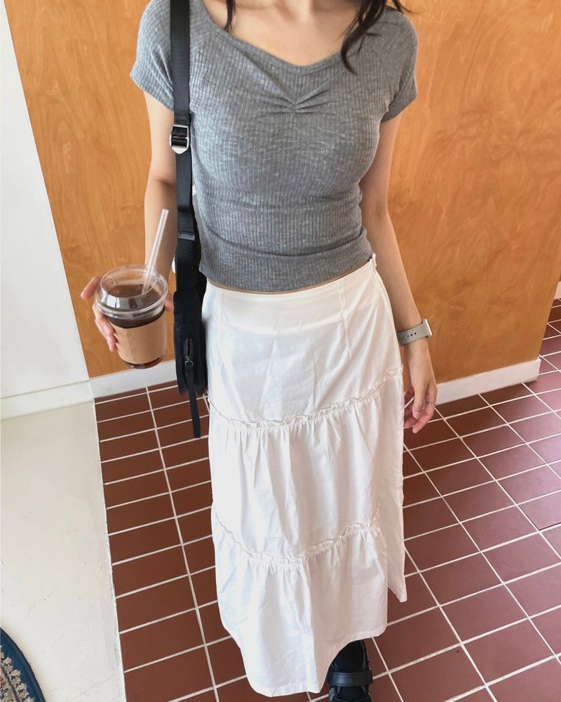 Pudie A-line Cotton Shirring Long Skirt 3C