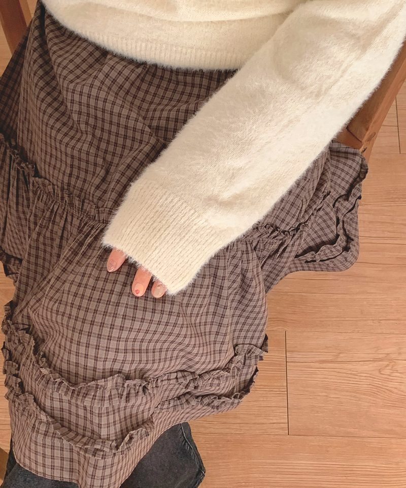 Luen midi checkered skirt Fall layered frill soft fit