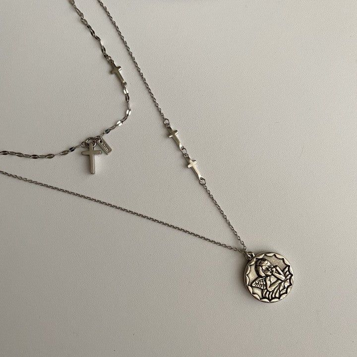 E Stainless Steel Titanium Angel Cross Layered Choker Necklace