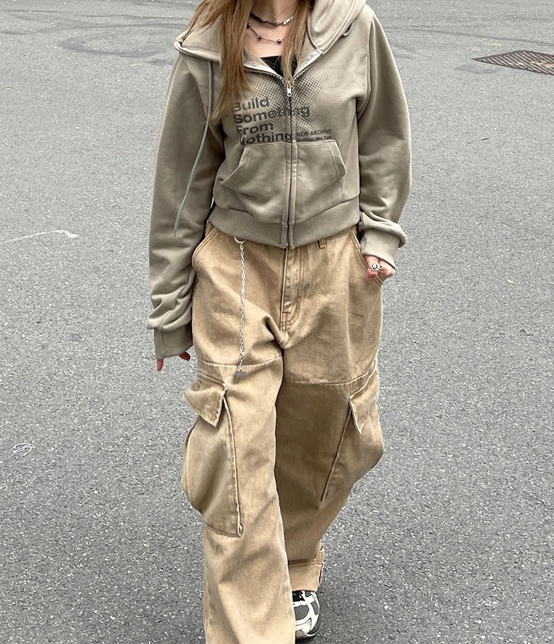 Ding denim slit wide cargo pants
