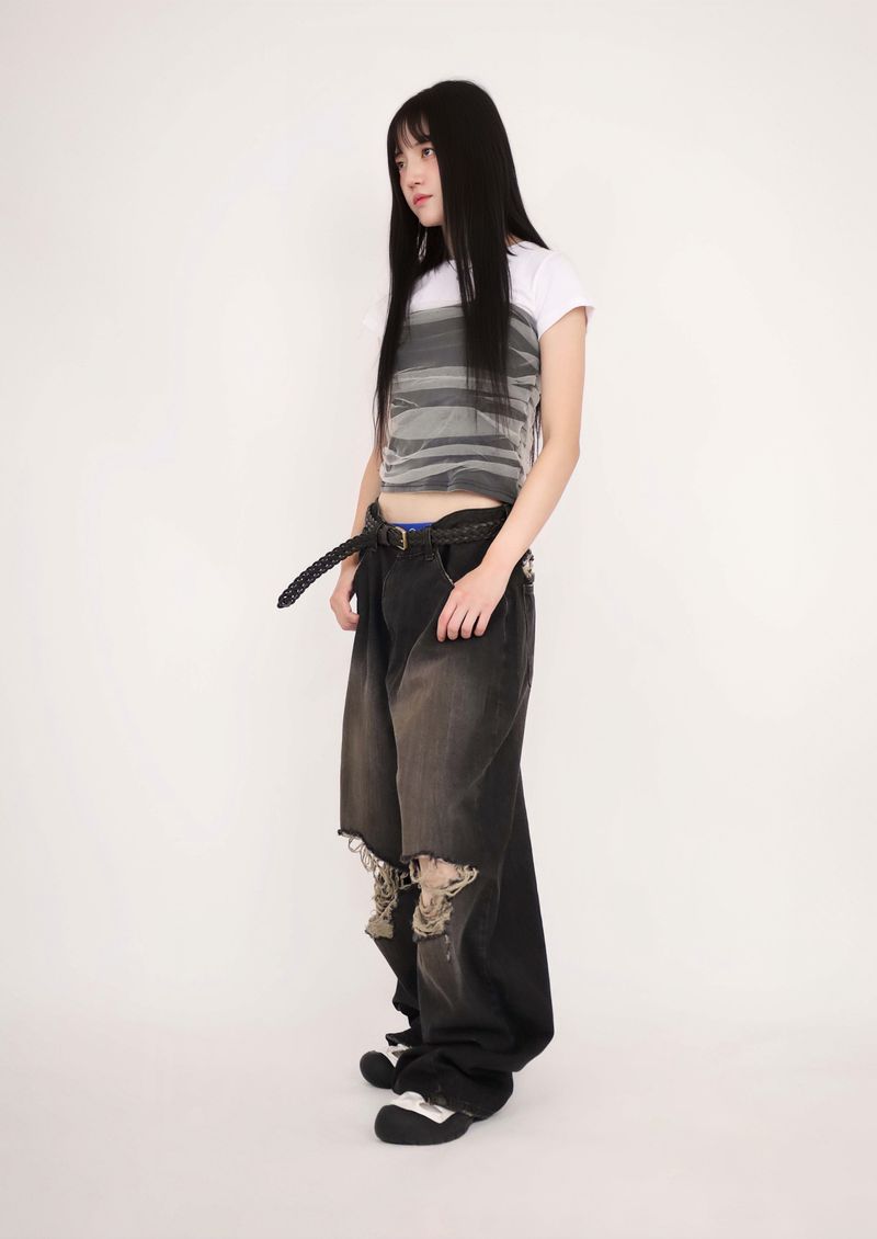 (UNISEX)Torn Twilight black Denim