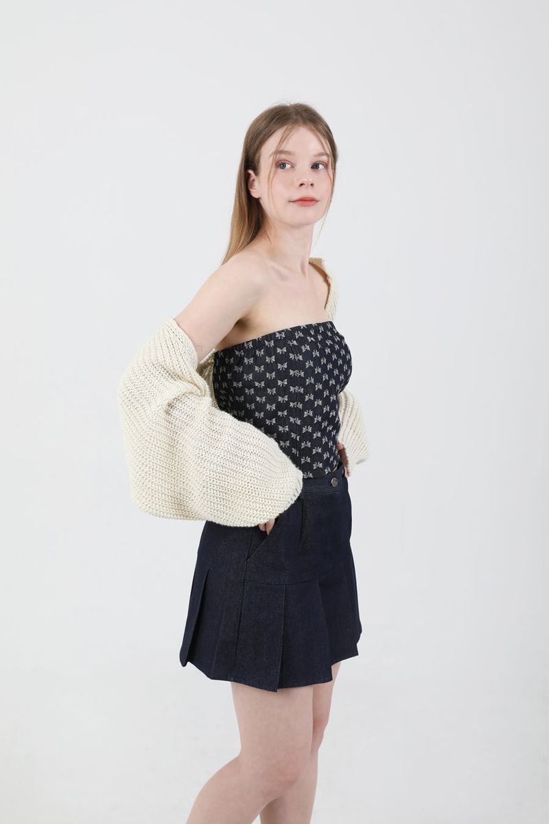 Denim Ribbon Crop Top Dark Blue