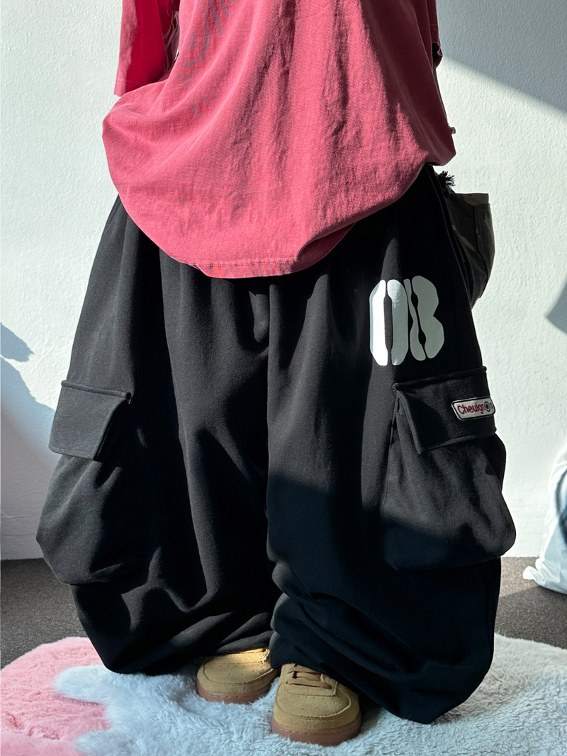 NUMBERING PATCH SWEAT BALLOON LOOSE WIDE CARGO PANTS 🩵🩶🖤 - 3 COLORS