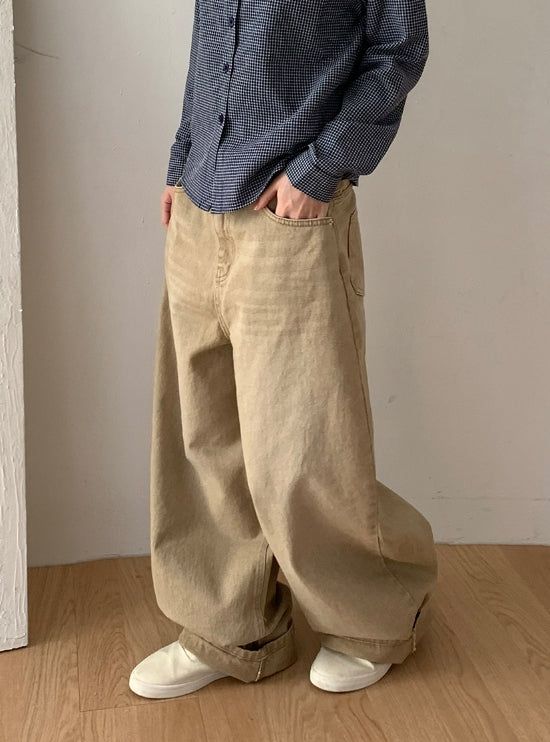 Crane Back Point Wide Washing Denim Pants
