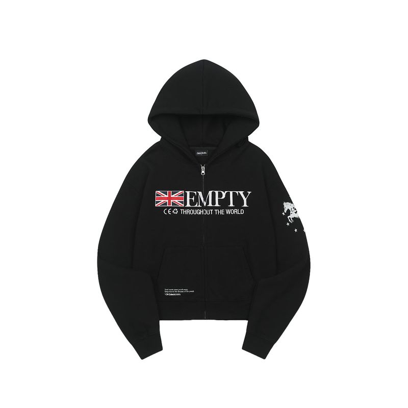 ODDSTUDIO（オッドスタジオ）の「EMPTY グラフィックエンブロイダードクロップジップアップフーディ - ブラック（トップス）」