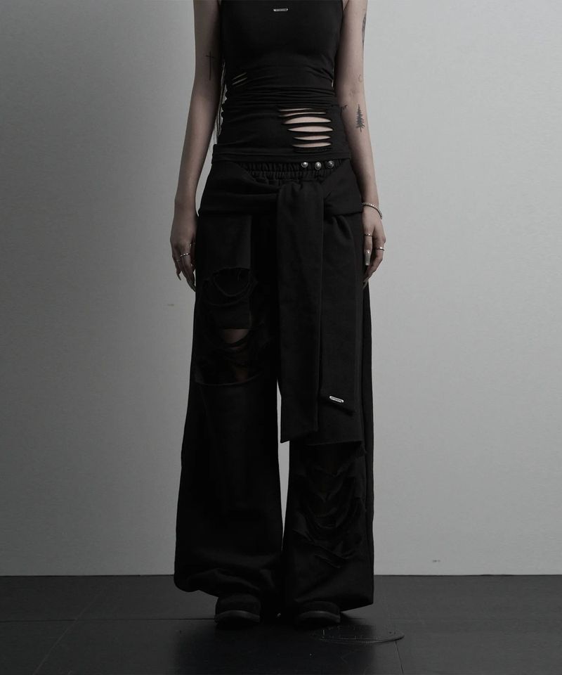 URBAN UNIQUE（アーバンユニーク）の「[label]レイヤード タイ ダメージ ワイド パンツ(black)（パンツ）」