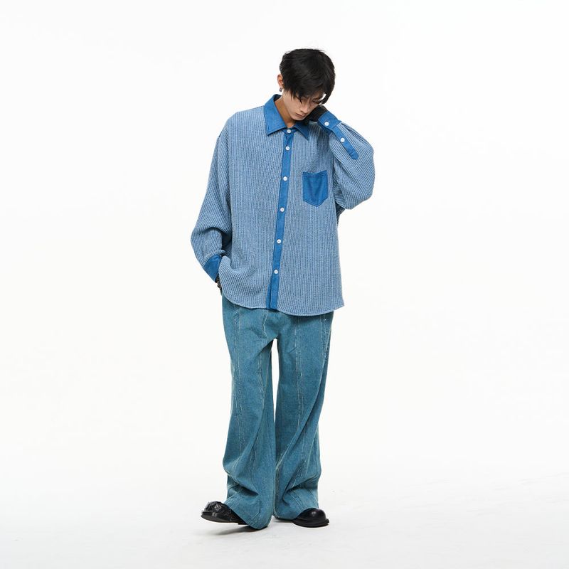 RELABEL（リレーベル）の「RELABEL Custom Washed Denim Patchwork Loose Silhouette Soft Long Shirt Casual Versatile Shirt Fashionable（Tops）」