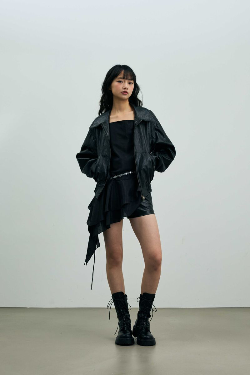 PAMELA LEATHER BOMBER JACKET / BLACK