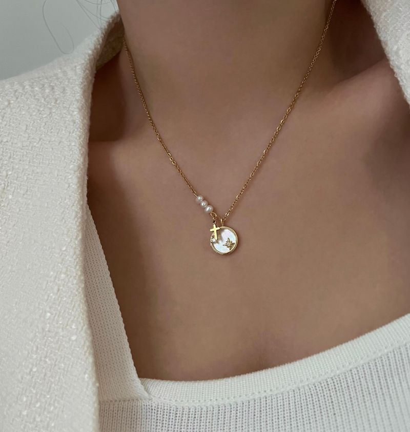 stv Moon Star Freshwater Pearl Stainless Steel Coin Layered Long Short Necklace