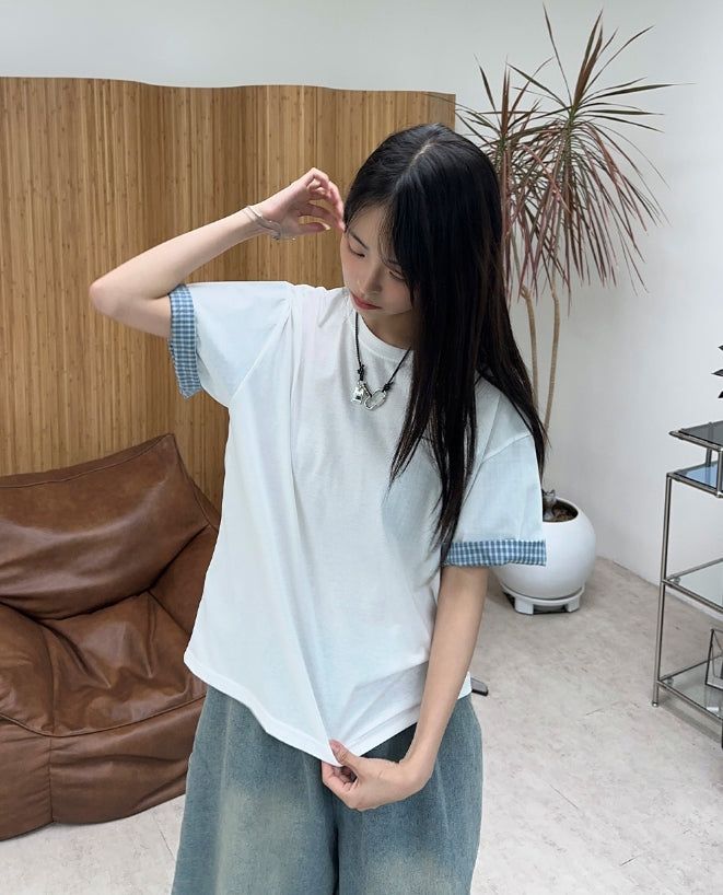 Seren check roll-up short-sleeve tee