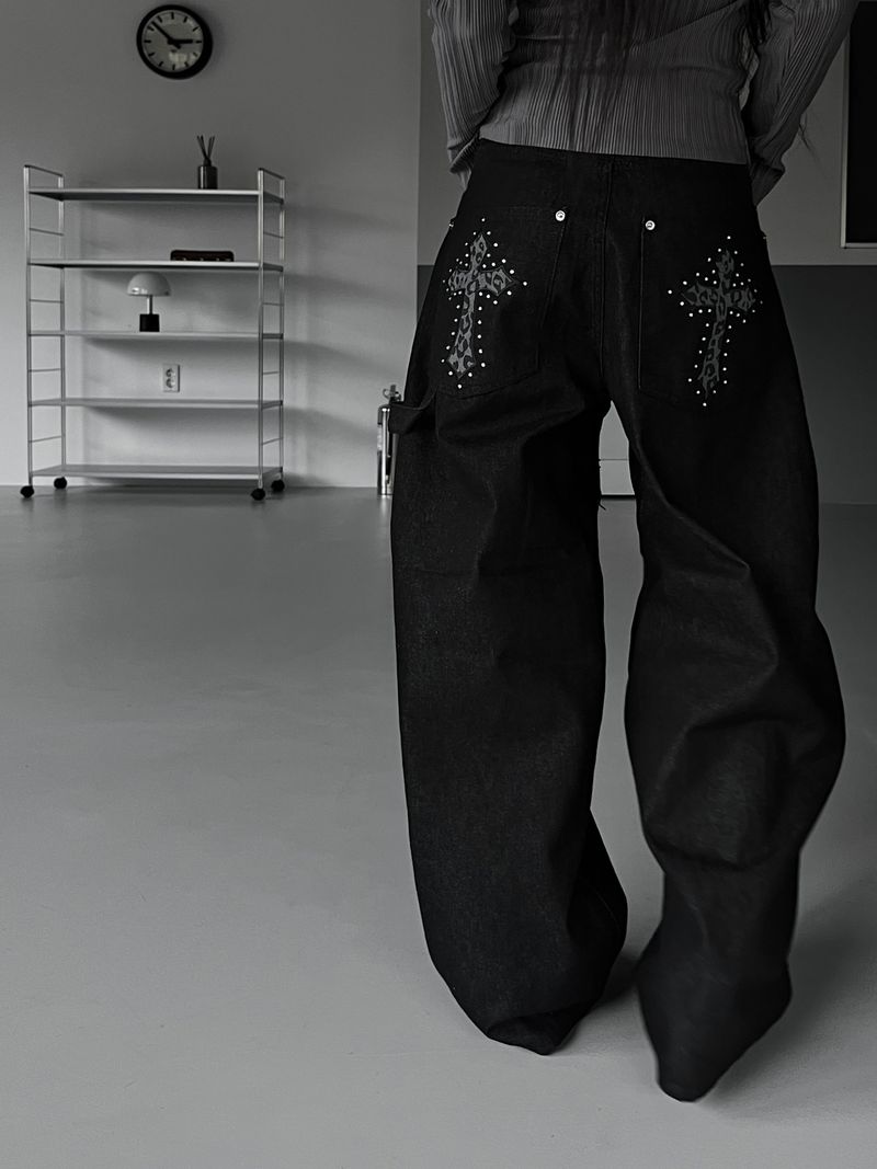 leopard cross stud balloon denim