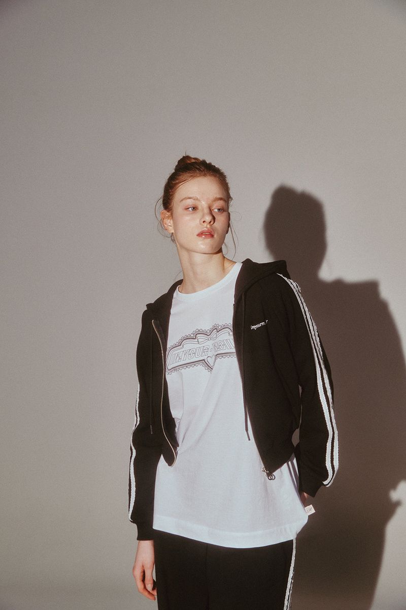 Lace Tape Hood Zip-Up Black