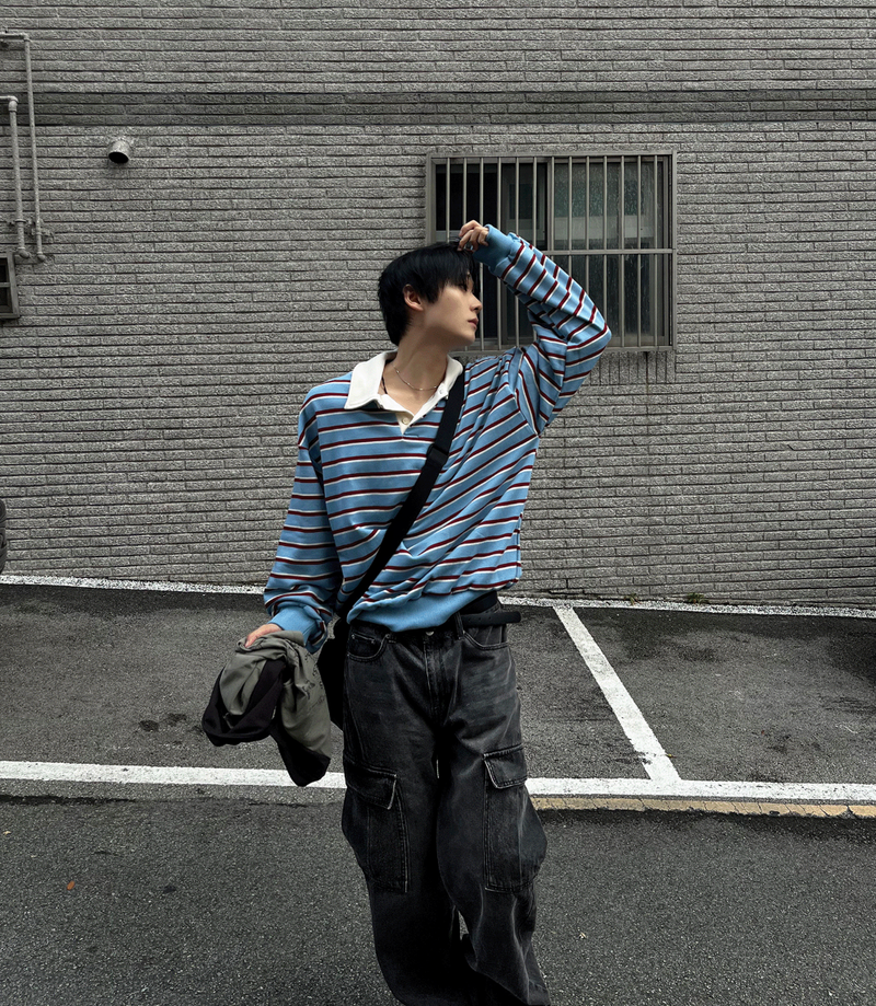 Sweat collar striped sweatshirt