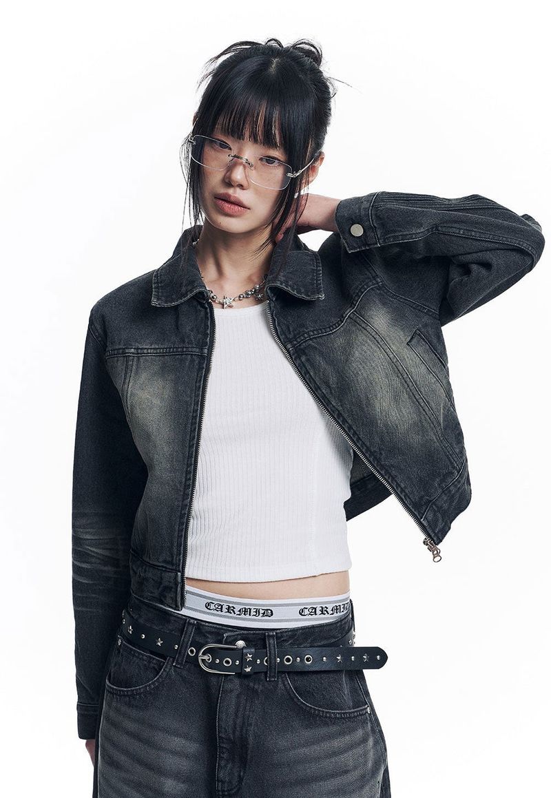 Washed Crop Track Denim Jacket - Black