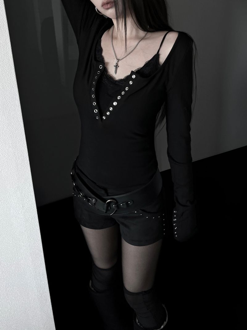 rock chic black button long sleeve T