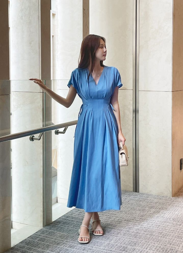 Javet V-Neck Pintuck Flare Long One Piece