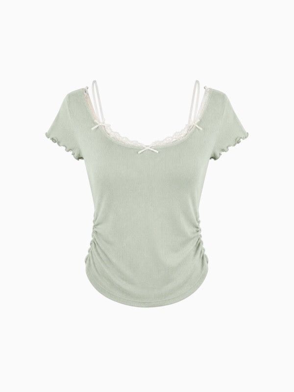 VIVIC（ビビク）の「RUFFLE-TRIM RIBBED BABY TEE (4COLORS!)（Tops）」