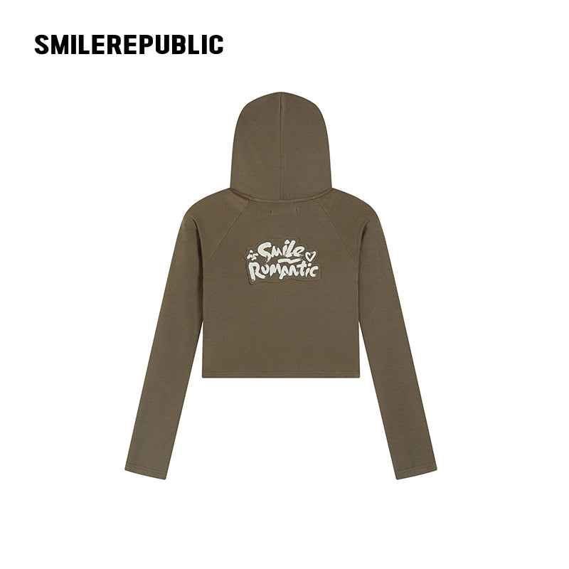 Women's Wool Blend Slim Fit Cropped Graphic Hoodie, Dark Green Gray Casual Streetwear Sweatshirt