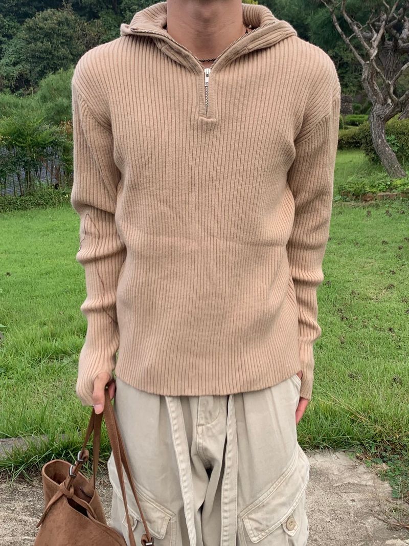 Rib Hood Half Zip-Up Knit