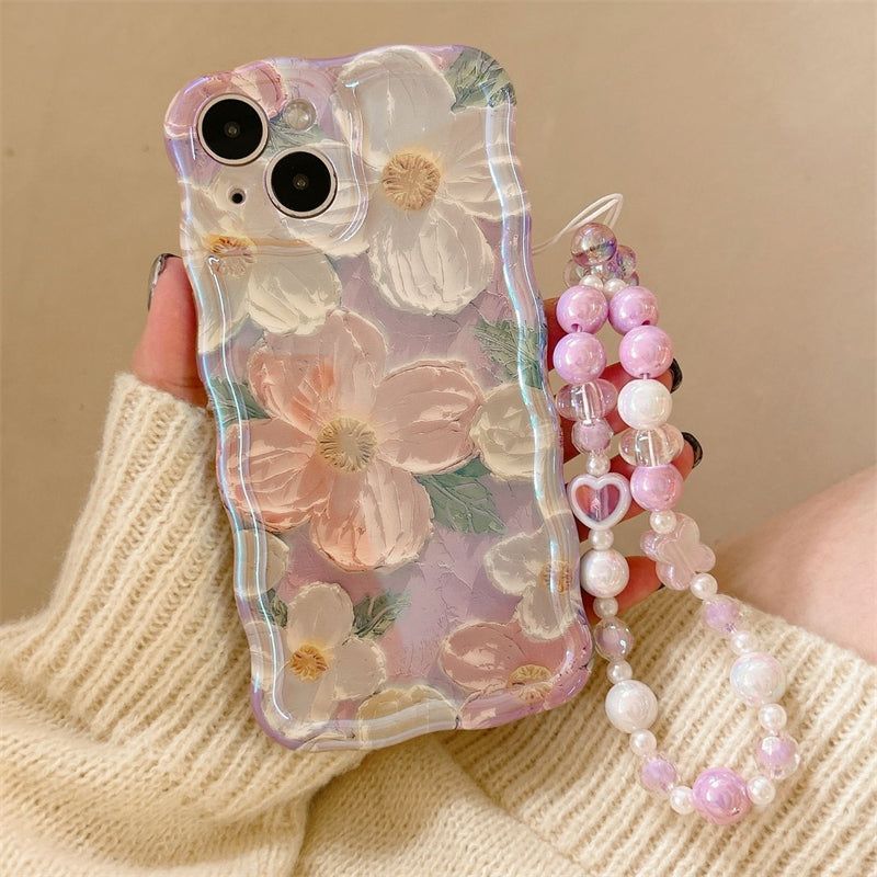 3D Flower Chain Wave Frame iPhone Case with Beaded Wrist Strap