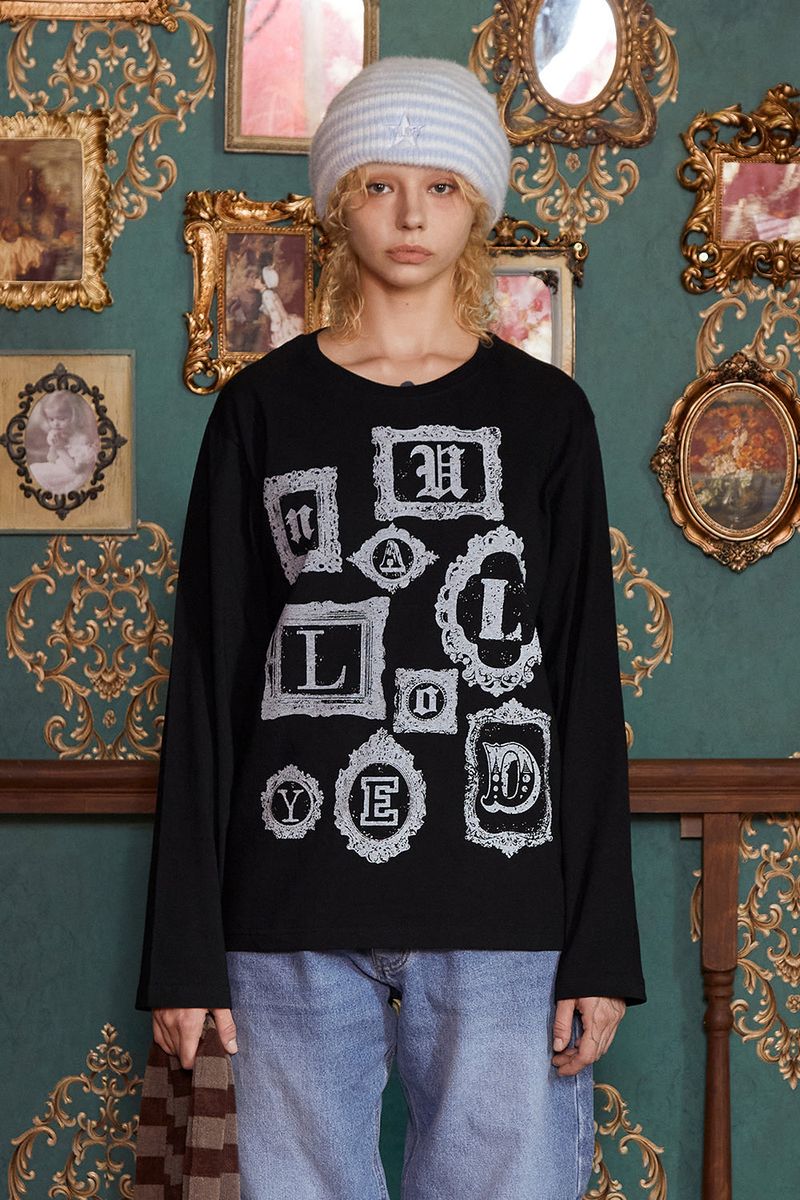 UNALLOYED（アナロイド）の「FRAME LOGO LONG SLEEVE T SHIRT / BLACK（Tops）」