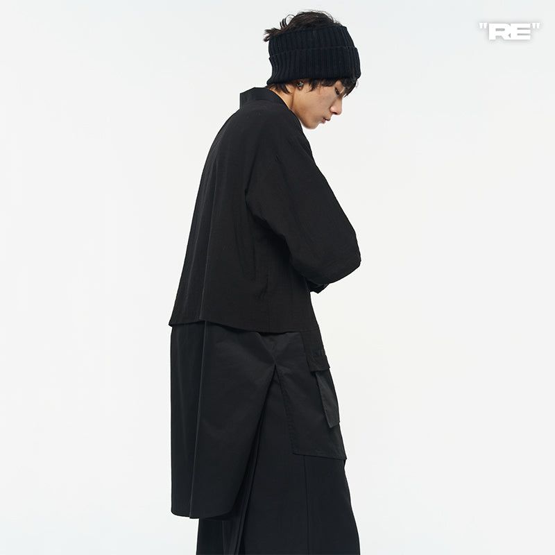 RELABEL（リレーベル）の「RELABEL Black Multi-Layer Double-Collar Shirt With Double-Sleeves, Elbow Cut-Out, Logo Print, and Outerwear（Tops）」