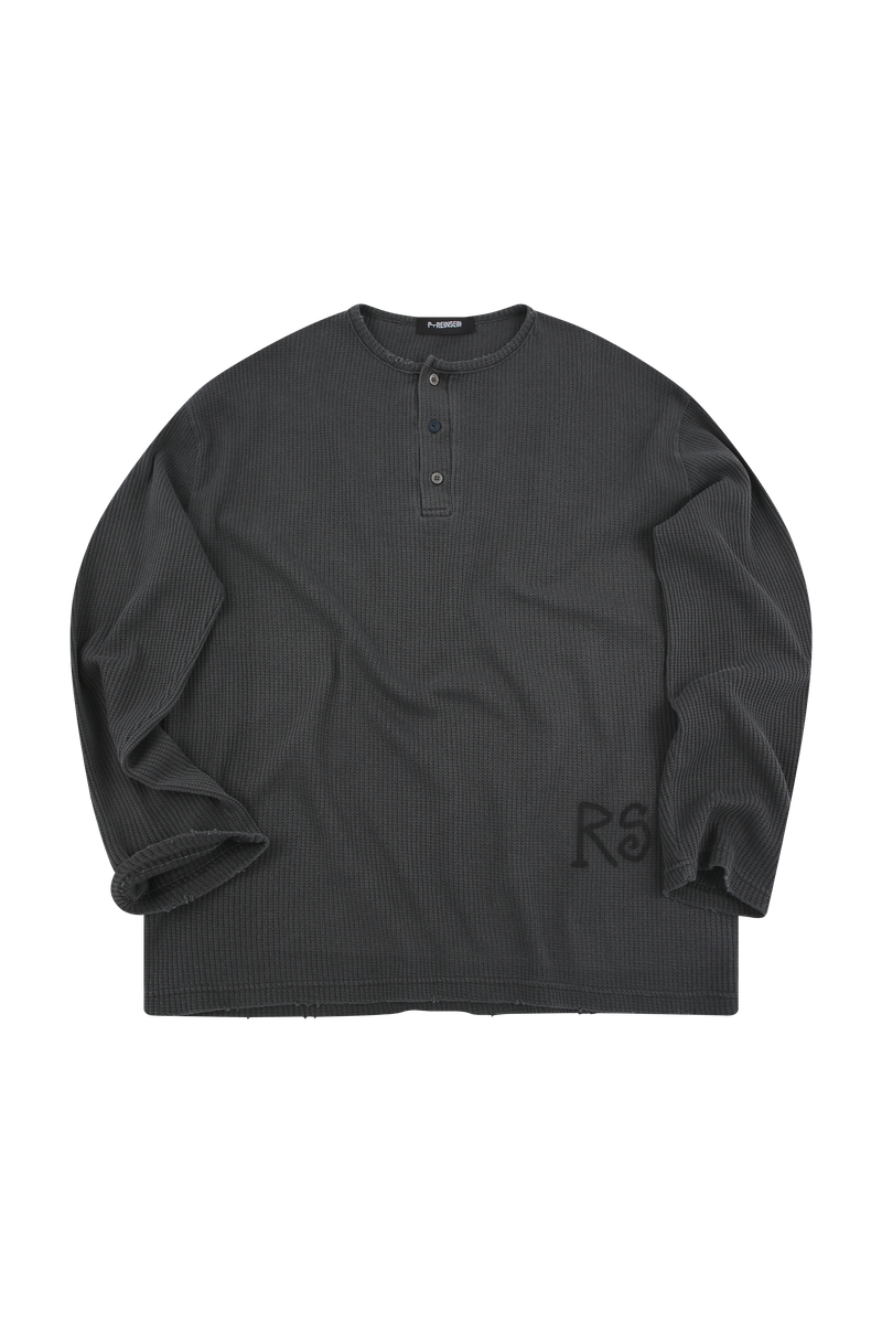 Damaged waffle button long sleeve t-shirts charcoal