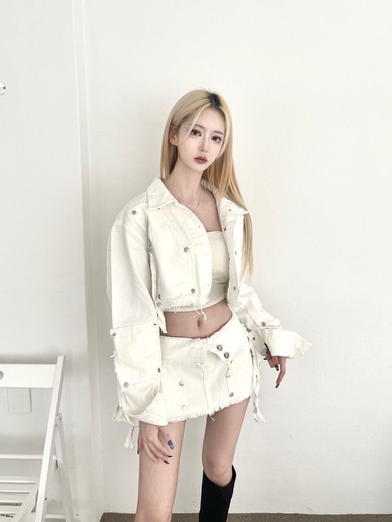 1247. Chic zipper button denim crop jk (2color)