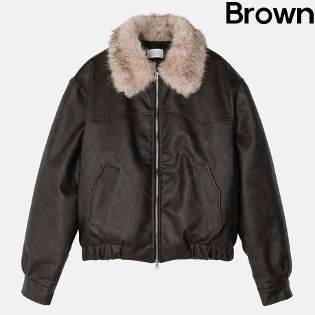 [premium] Frame Raccoon Collar Leather Jacket