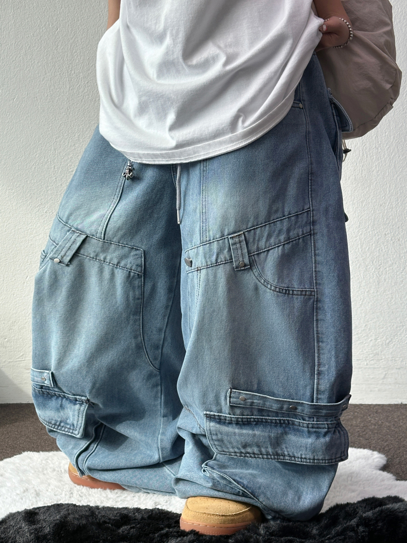 HIP RIVET KEYRING DOWN CARGO DENIM LONG PANTS🩵🩶 - 2 COLORS