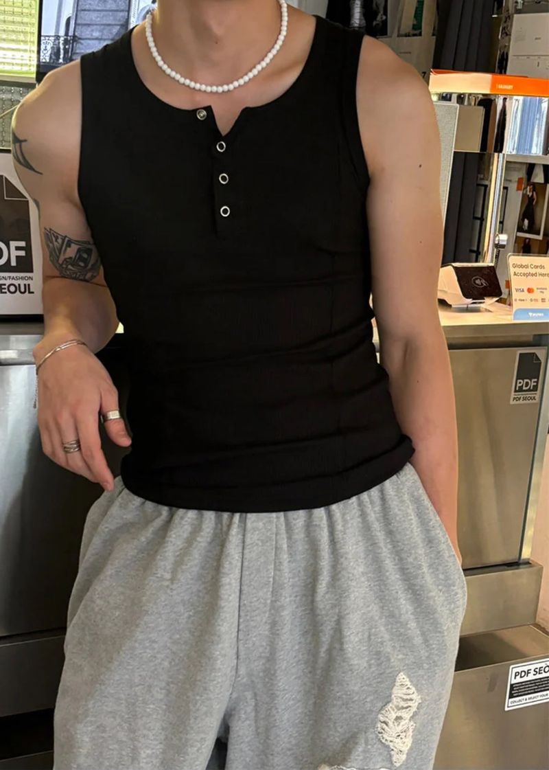 [MUSCLE FIT] Curve slit henry neck sleeveless(5color)