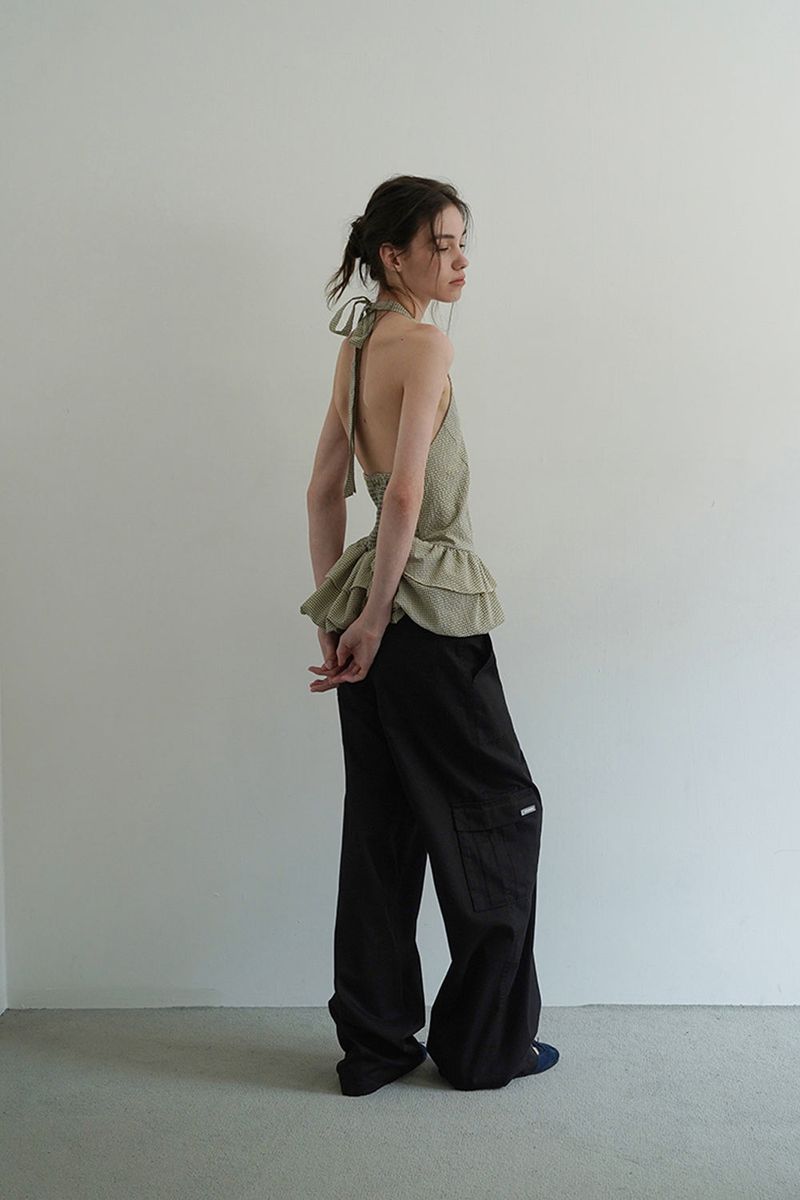 Gingham halter blouse_khaki