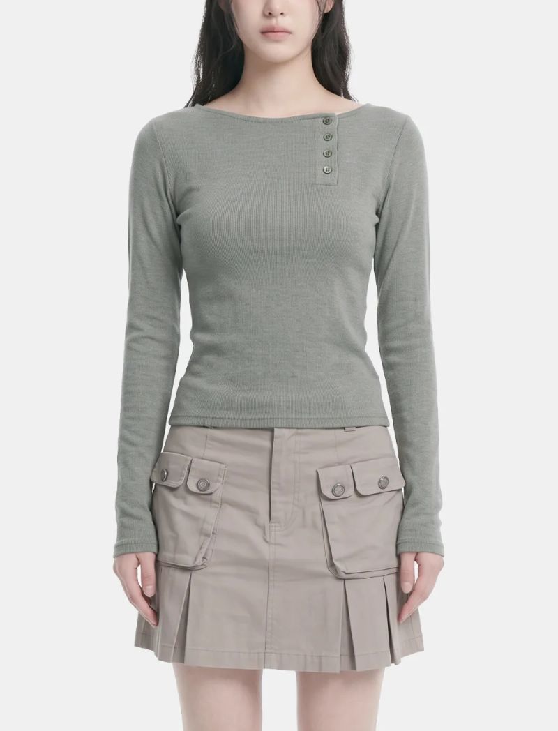 Ellie Henley-Neck Slim Long-Sleeve Top