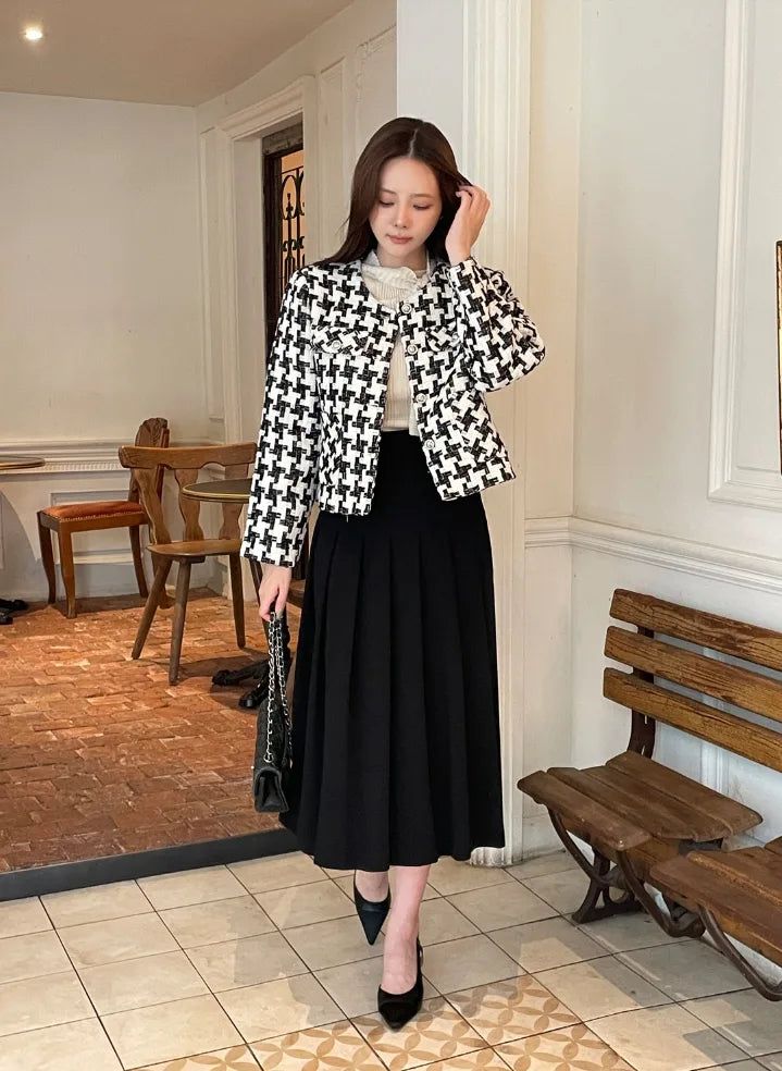 Carson Round-Neck Check Tweed Jacket