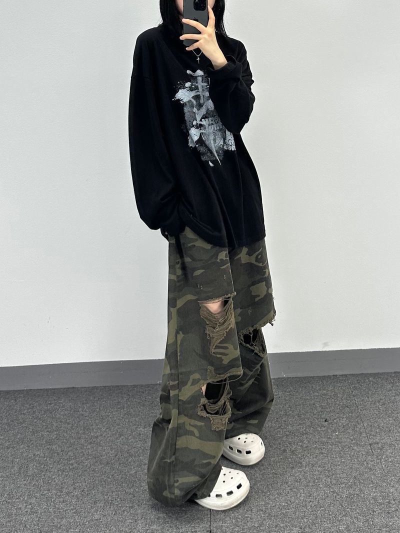 camo bio washed distressed pants