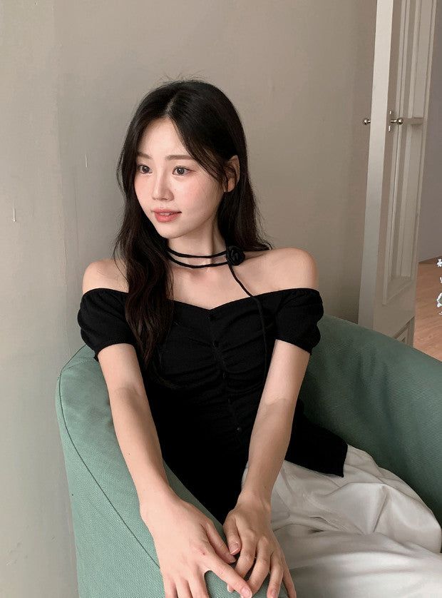 #Rose Off Shoulder Slit Short Sleeve Knit (3color)