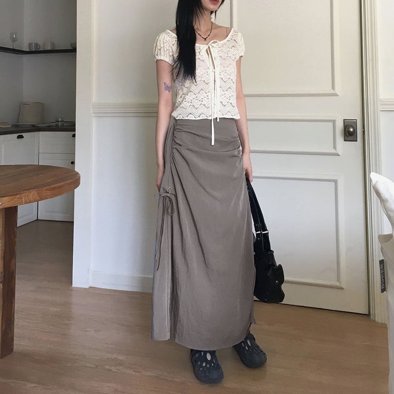 [MADE] Kishi eyelet ribbon shirring pocket Nylon long skirt