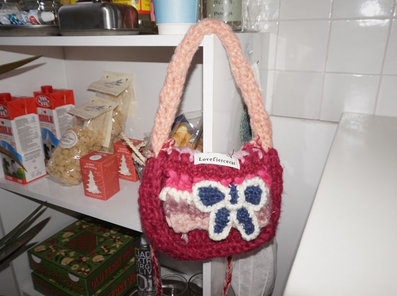 Hot Pink Knit Flower Bunk Hat & Bag Set