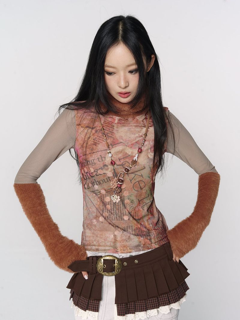 CONFUN original floral orange printed fur patchwork high-neck mesh base