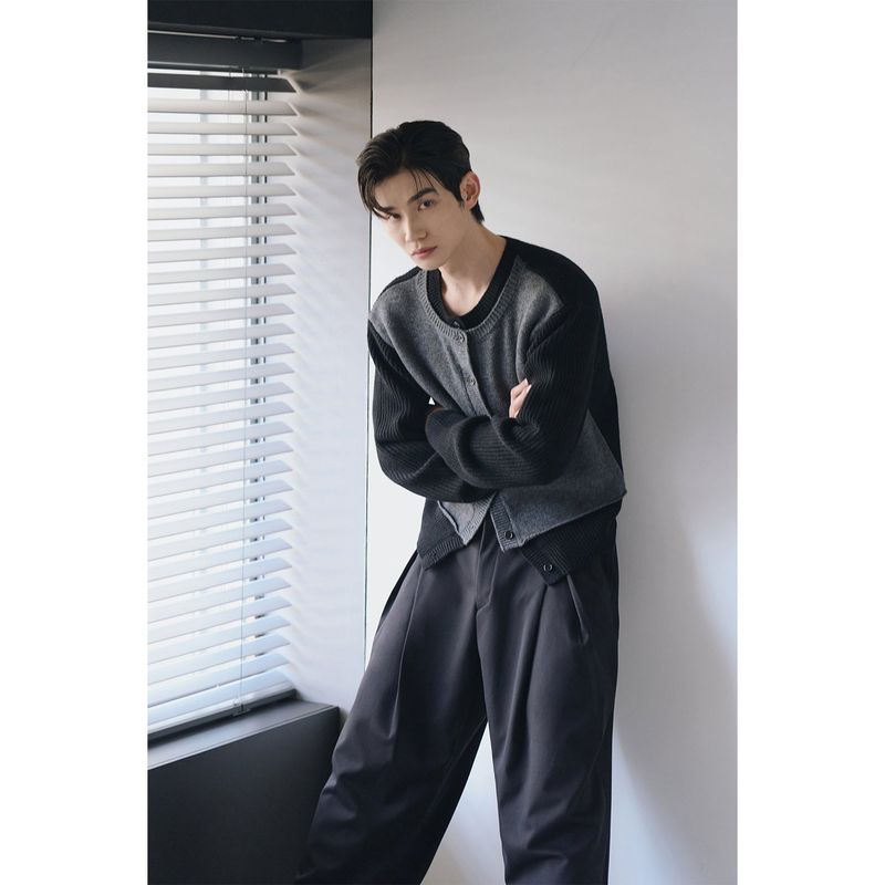 Layered wool knit cardigan(Black)
