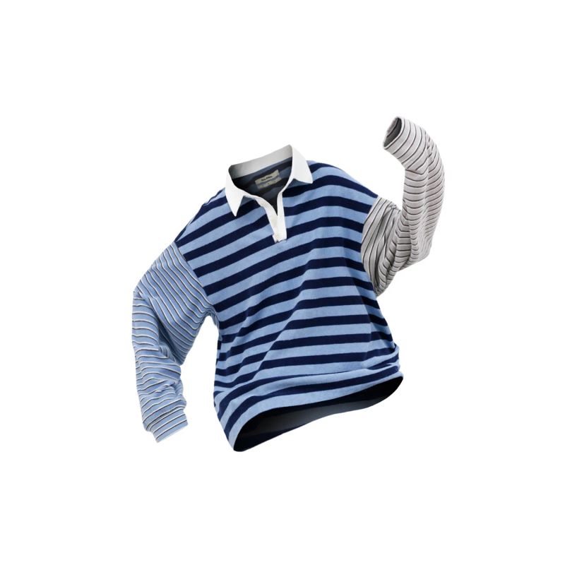 RELABEL(DIGGER Lao Bo) Cambodian Soft Skin-Friendly Asymmetrical Color-Blocked Striped Polo Neck Long Sleeve