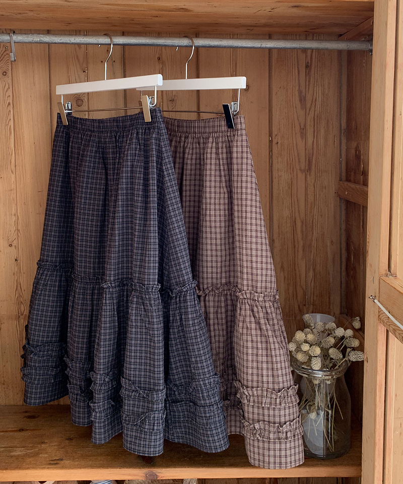 Luen midi checkered skirt Fall layered frill soft fit