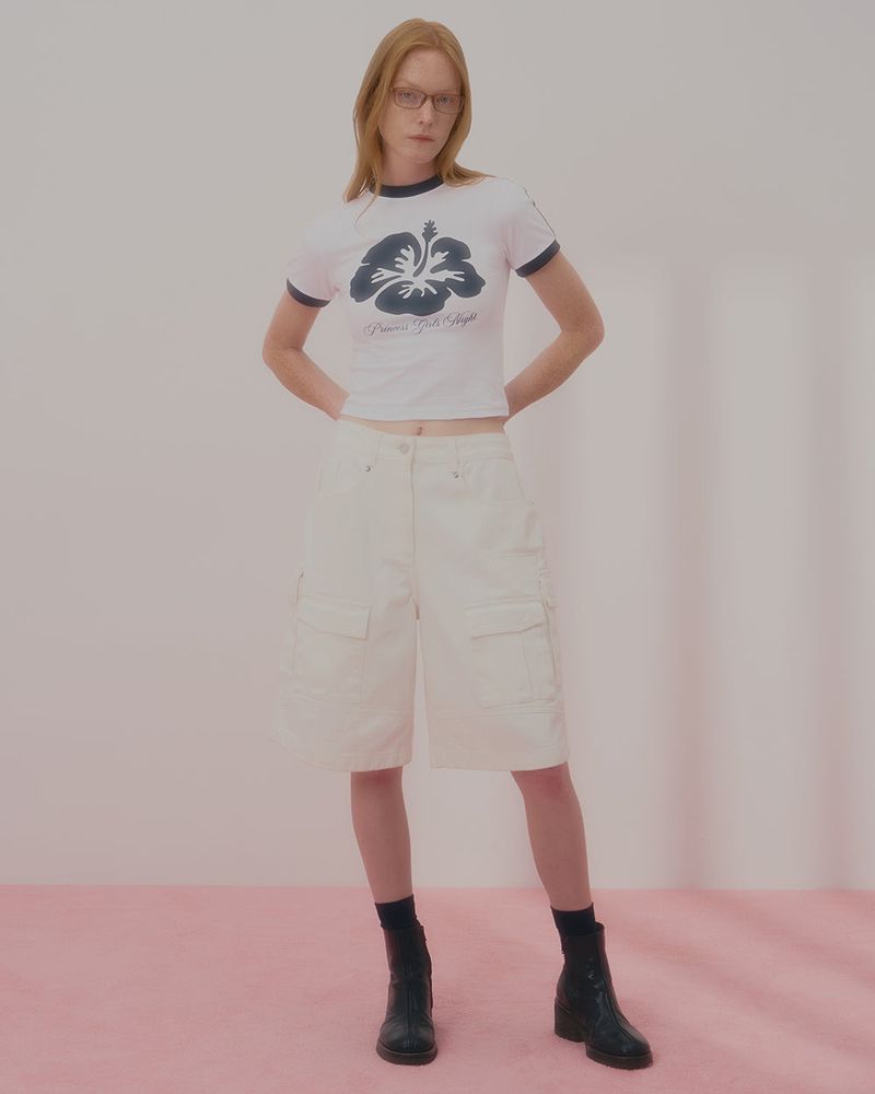 ALOHA FLOWER RINGER CROP TSHIRT-WHITE